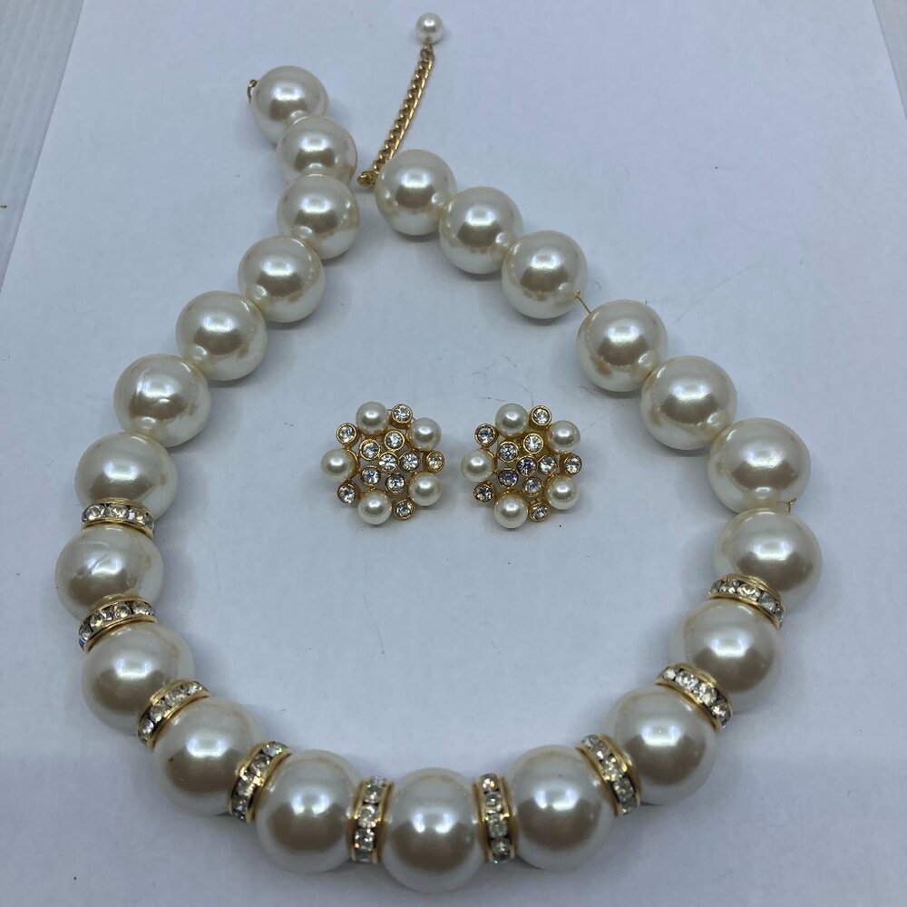 Vtg NAPIER chunky faux pearls rhinestone wedding bridal earrings necklace set